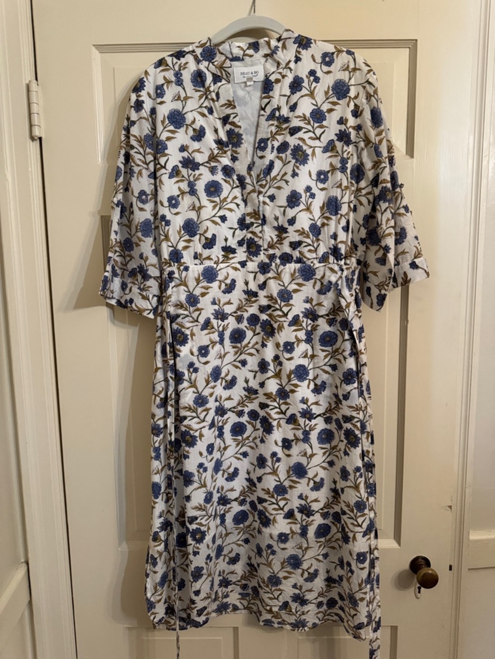 Beau and Ro White Floral Midi Dress with Blue Flowers